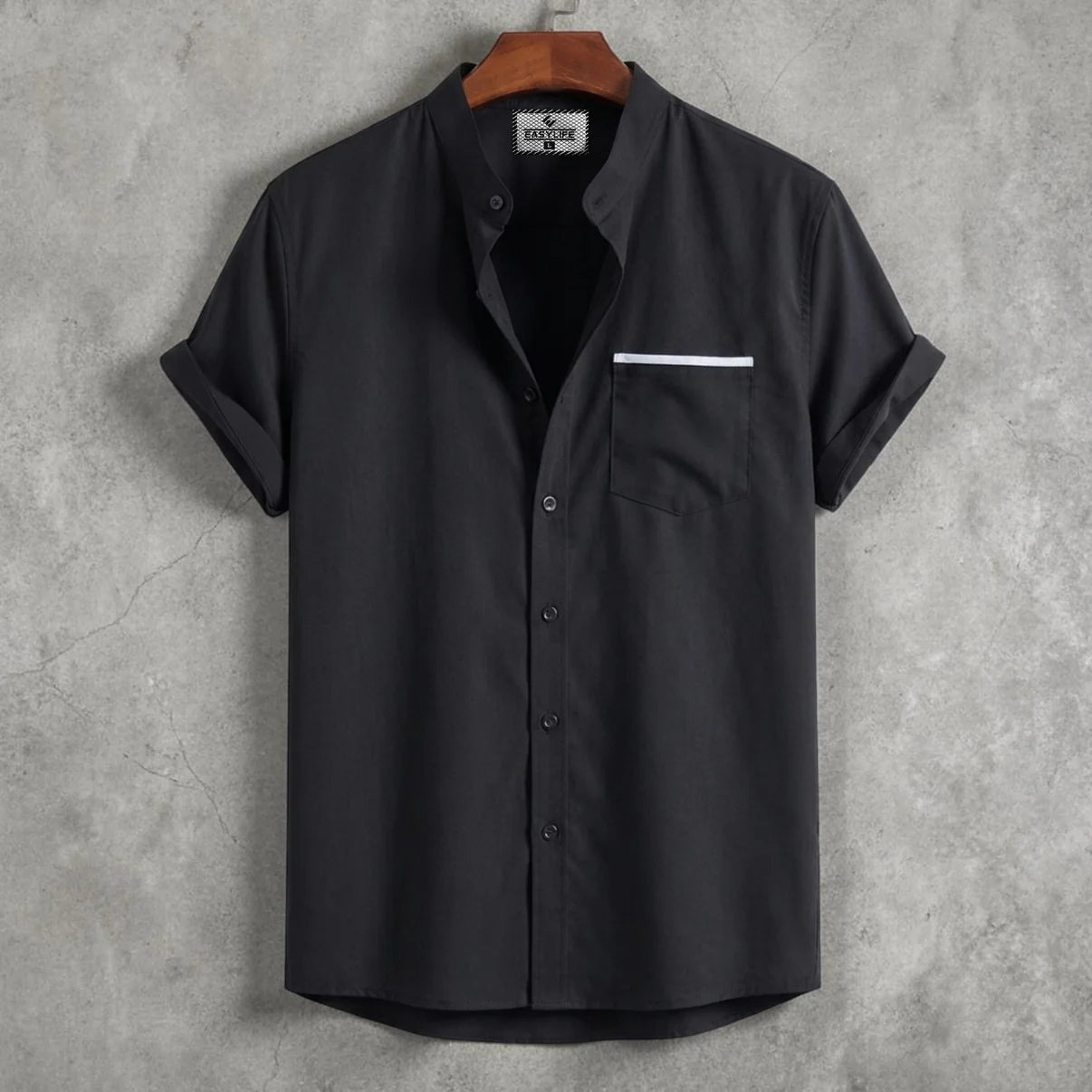 Stripe Pocket Band Collar Shirt - Black