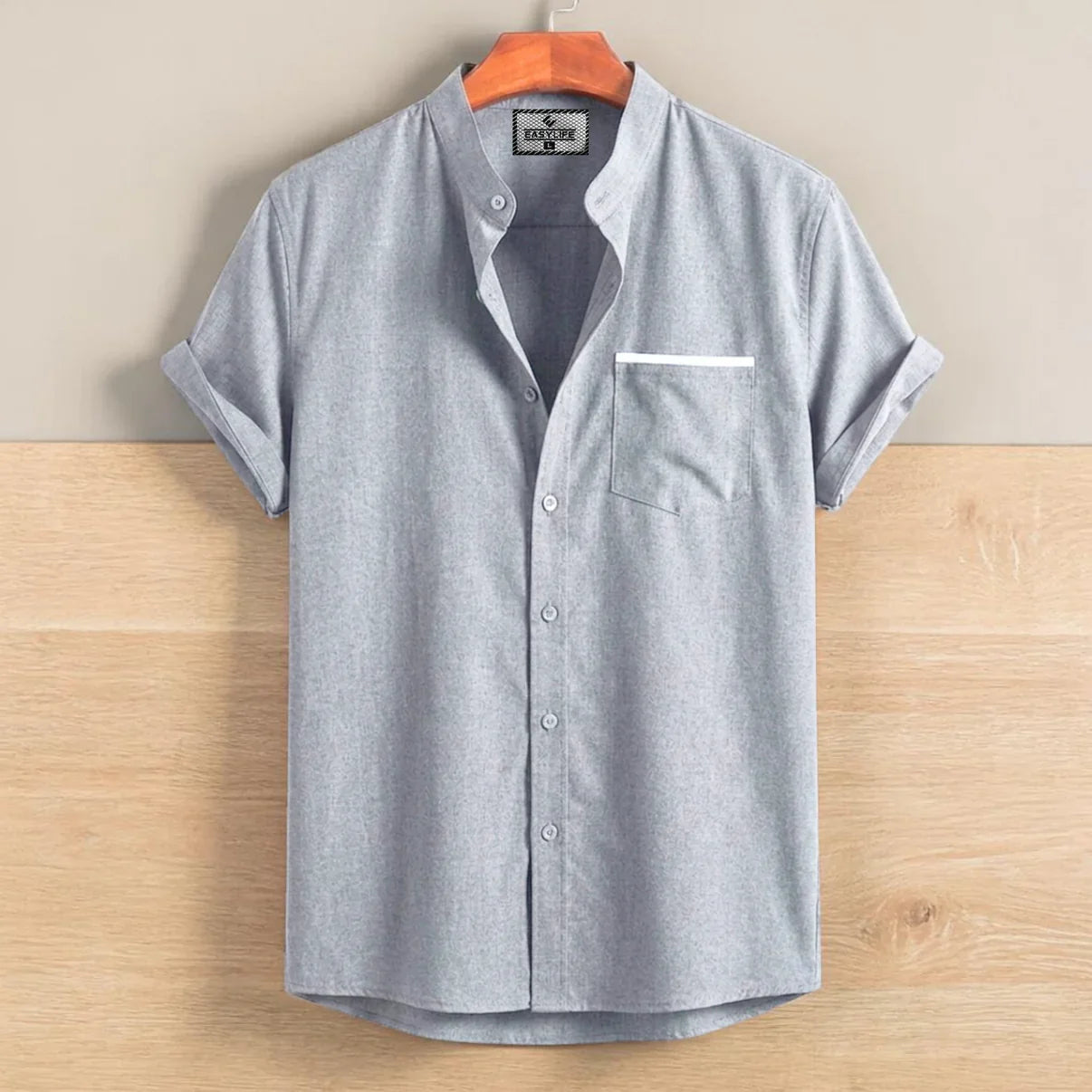 Stripe Pocket Band Collar Shirt