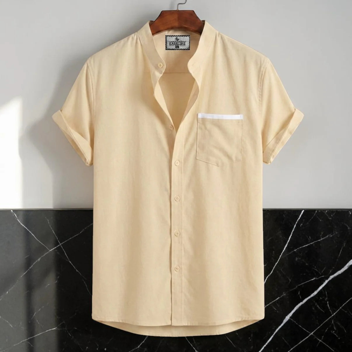 Stripe Pocket Band Collar Shirt - Cream