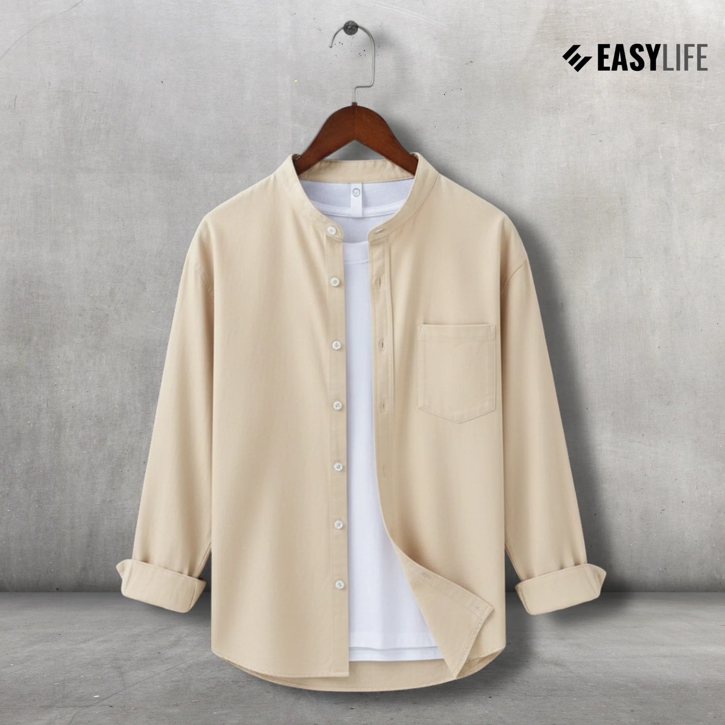 Band Collar Full Sleeve Shirt - Cream