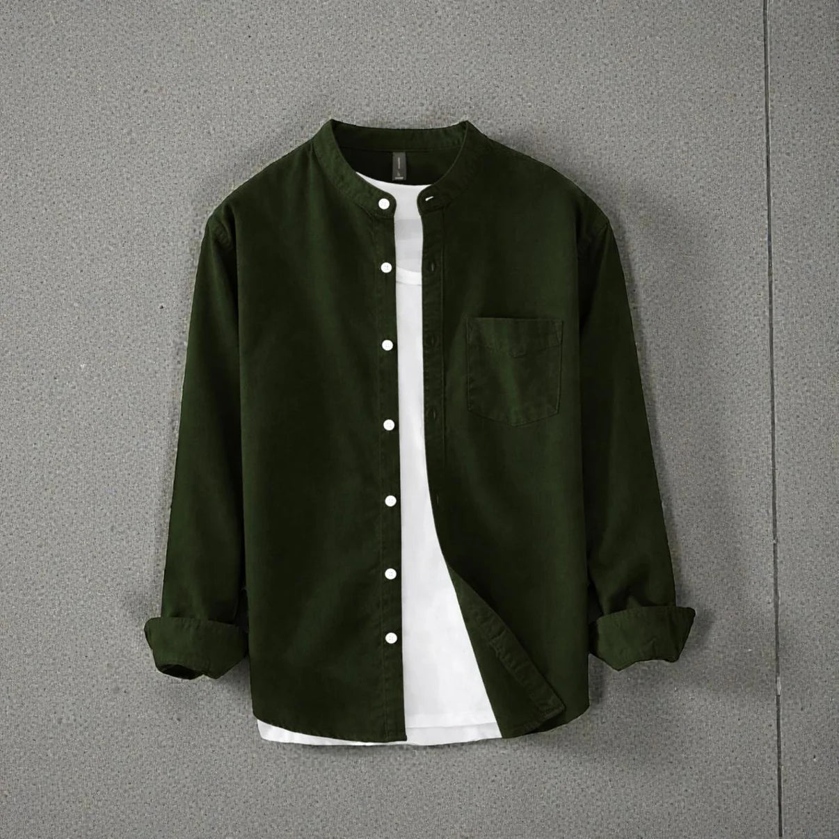 Band Collar Full Sleeve Shirt - Olive