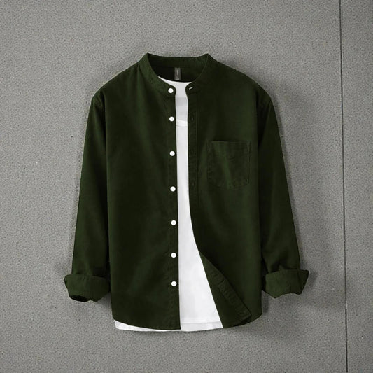 Band Collar Full Sleeve Shirt - Olive
