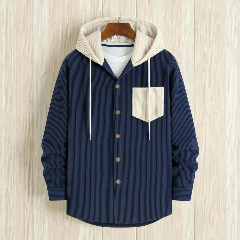 Men's Jackets Corduroy Hooded Shirt - Navy Blue